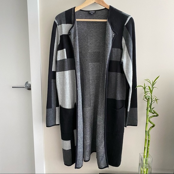 JONES NEW YORK Black Geometric Long Cardigan - Picture 3 of 10
